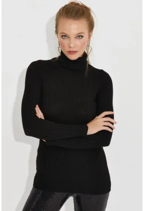 Kadın Siyah Balıkçı Yaka Triko Bluz MSS128