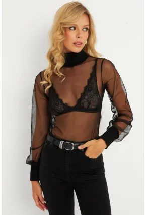 Kadın Siyah Balıkçı Yaka Tül Yılbaşı Bluz EY2901