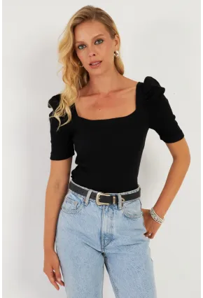 Kadın Siyah Balon Kol Kaşkorse Bluz XL2019