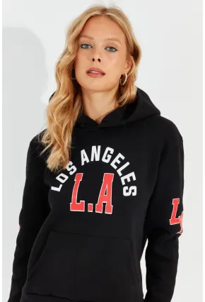 Kadın Siyah Baskılı Kapüşonlu Sweatshirt DA146