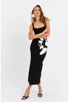 Kadın Siyah Baskılı Midi Elbise B5005-5