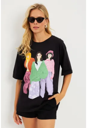 Kadın Siyah Baskılı T-Shirt DY1329