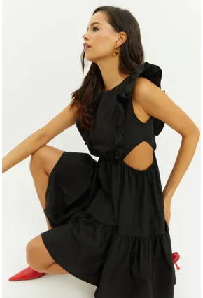 Kadın Siyah Bel Dekolteli Volanlı Mini Elbise SF1523