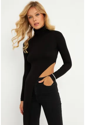 Kadın Siyah Beli Açık Asimetrik Balıkçı Uzun Bluz EY2902