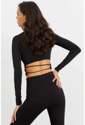 Kadın Siyah Beli Açık Crop Bluz GÇ115