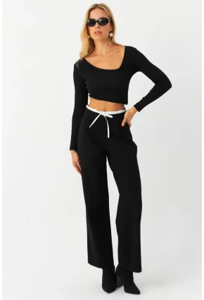 Kadın Siyah Beli Bağlamalı Palazzo Pantolon ELA3972