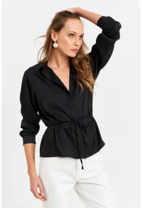 Kadın Siyah Beli Bağlamalı Saten Gömlek MMRS4212
