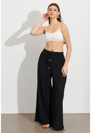 Kadın Siyah Beli Lastikli Bürümcük Pantolon ROP105