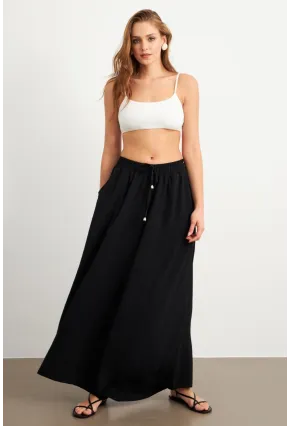 Kadın Siyah Beli Lastikli Cepli Palazzo Pantolon Sİ1155