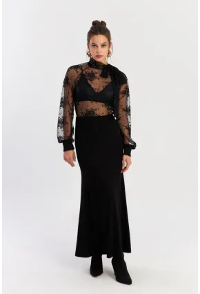 Kadın Siyah Beli Lastikli Evoze Maxi Etek EY2923