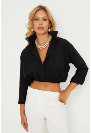 Kadın Siyah Beli Lastikli Gömlek ELT3835