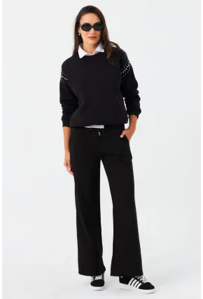 Kadın Siyah Beli Lastikli Palazzo Eşofman Altı ZM30