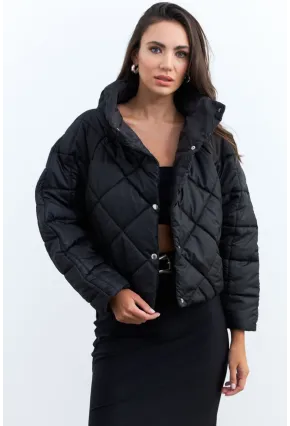 Kadın Siyah Beli Lastikli Yarasa Kol Şişme Mont MX11