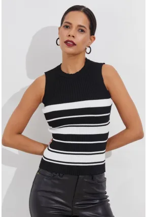 Kadın Siyah-Beyaz Çizgili Kolsuz Triko Bluz YV113