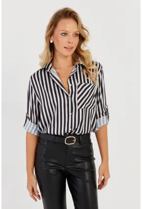 Kadın Siyah-Beyaz Çizgili Saten Gömlek SF2536