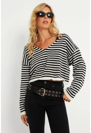 Kadın Siyah-Beyaz Çizgili Triko Bluz YV278