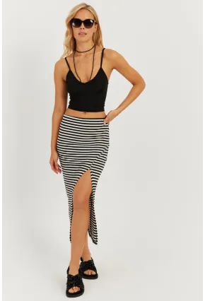 Kadın Siyah-Beyaz Çizgili Yırtmaçlı Midi Etek PP5365