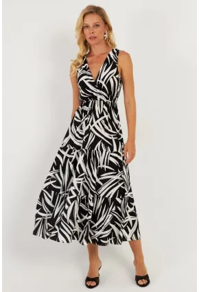 Kadın Siyah-Beyaz Desenli Kruvaze Midi Elbise YZ634