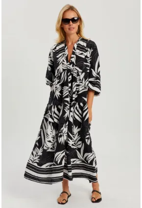 Kadın Siyah-Beyaz Desenli Salaş Maxi Elbise GÇ166