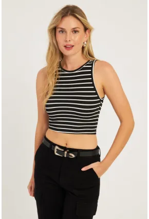 Kadın Siyah-Beyaz İkili Çizgili Crop Bluz CG346