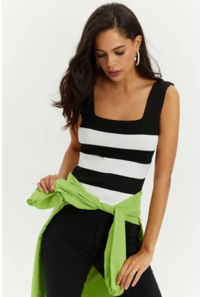 Kadın Siyah-Beyaz Kare Yaka Triko Bluz YV80