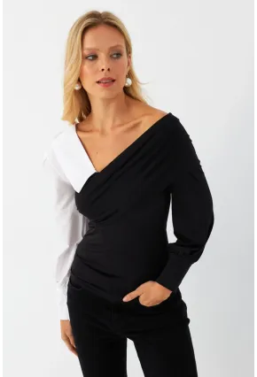 Kadın Siyah-Beyaz Kruvaze Bluz LİK8