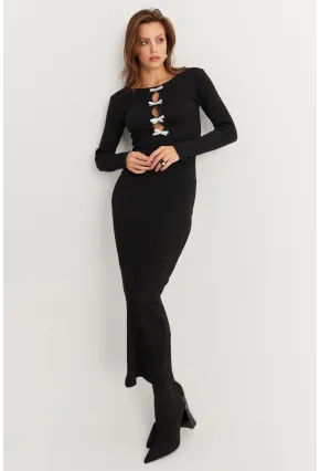 Kadın Siyah-Beyaz Kurdele Detaylı Kaşkorse Maxi Yılbaşı Elbise XL2043