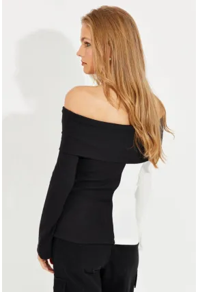 Kadın Siyah-Beyaz Madonna Yaka Bloklu Kaşkorse Bluz EY2585