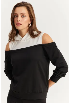 Kadın Siyah-Beyaz Omuzları Açık Sweatshirt TF15