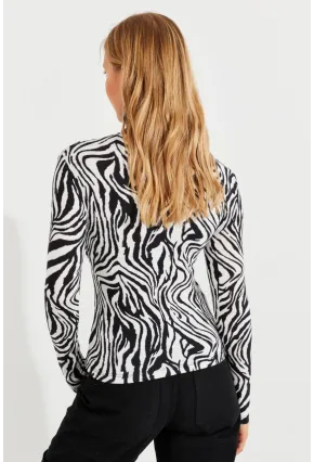 Kadın Siyah-Beyaz Önü Damla Zebra Desenli Bluz LPP1236