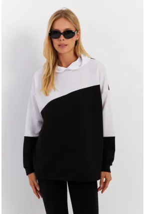 Kadın Siyah-Beyaz Renk Bloklu Kapüşonlu Sweatshirt DA148