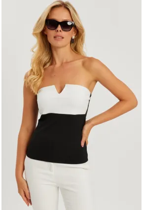 Kadın Siyah-Beyaz Straplez Bluz EY2793