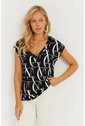 Kadın Siyah-Beyaz V Yaka Desenli Bluz AYD293
