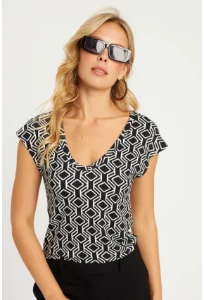 Kadın Siyah-Beyaz V Yaka Desenli Bluz LPP1285