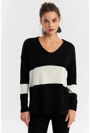 Kadın Siyah-Beyaz V Yaka Triko Bluz YİL555