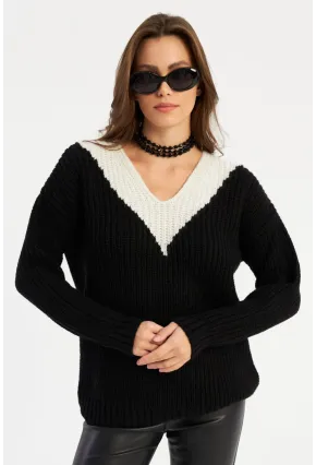 Kadın Siyah-Beyaz V Yaka Triko Kazak SMT2434