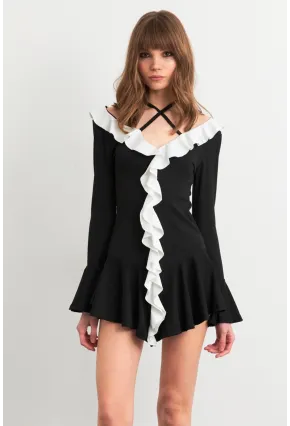 Kadın Siyah-Beyaz Volanlı İspanyol Kol Mini Elbise DCF108