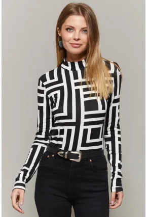 Kadın Siyah-Beyaz Yarım Balıkçı Desenli Bluz LPP1133-1