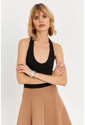 Kadın Siyah Boyun Askılı Crop Bluz TF69