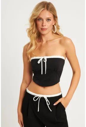 Kadın Siyah Boyun Bağlamalı Crop Bluz MON133