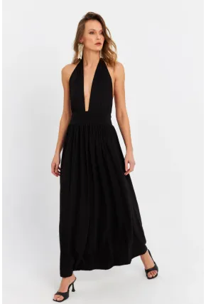 Kadın Siyah Boyun Bağlamalı Maxi Elbise EY3075