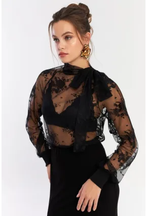 Kadın Siyah Boyun Bağlamalı Tül Bluz EY2929