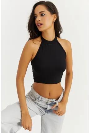 Kadın Siyah Boyundan Bağlamalı Crop Bluz EY1480