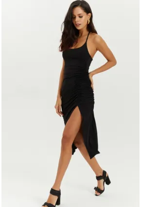 Kadın Siyah Boyundan Bağlamalı Yanı Büzgülü Elbise YEL21