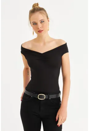 Kadın Siyah Büzgülü Bluz EY3083