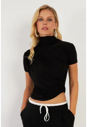 Kadın Siyah Büzgülü Bluz LPP1287