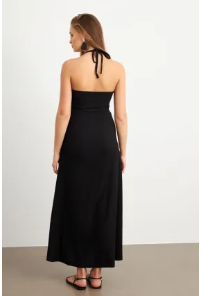 Kadın Siyah Büzgülü Bürümcük Midi Elbise EY3096