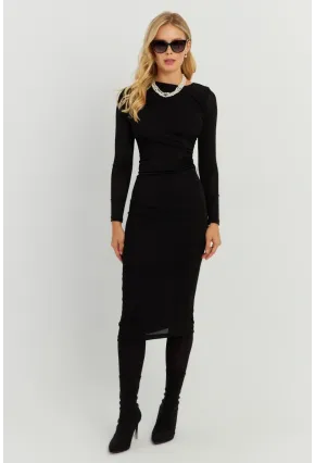 Kadın Siyah Büzgülü Buzi Midi Elbise KED147