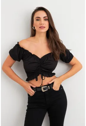 Kadın Siyah Büzgülü Crop Bluz ELT1680