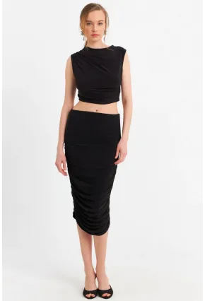 Kadın Siyah Büzgülü Crop Etek Takım ELT181